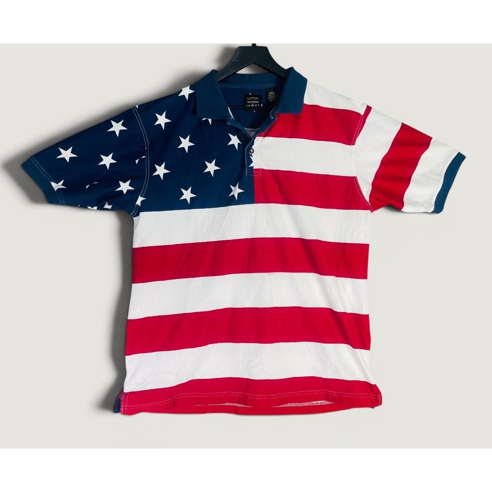 USA Flag Polo Shirt Mens Large Cotton Traders Sport Patriotic Stars